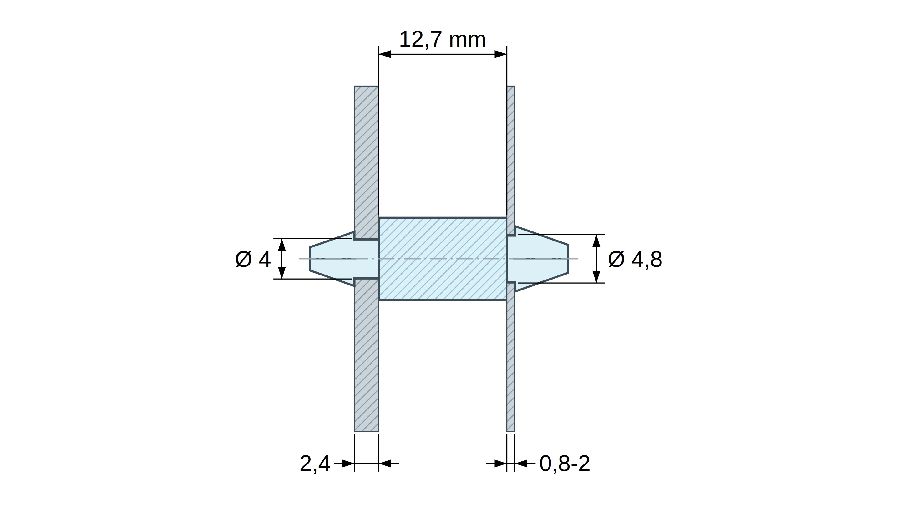 Soporte PCB a presión por ambos lados, Poliamida PA6.6, natural, UL94-V2, PCB Ø4/2,4 mm / CH Ø4,8/0,8–2 mm
