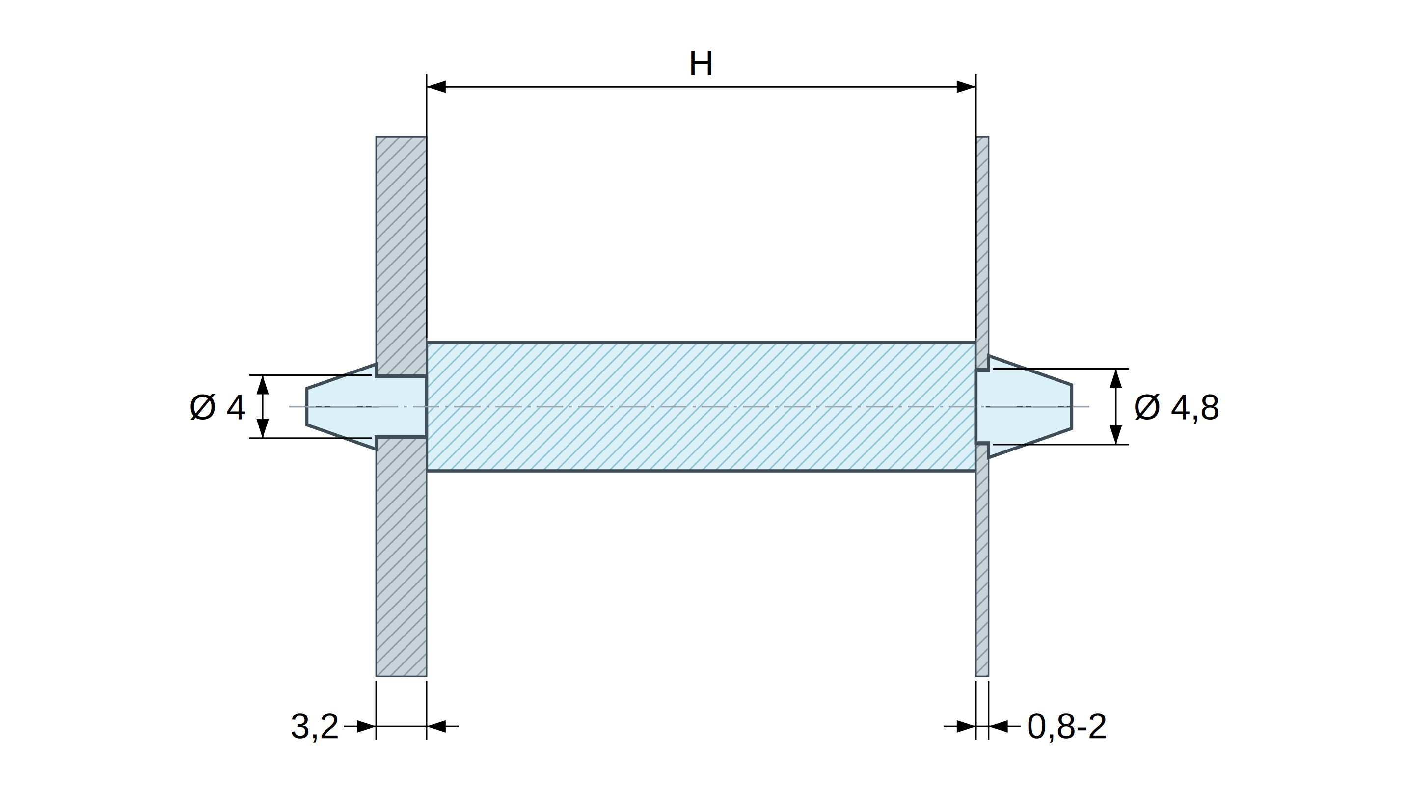Soporte PCB a presión por ambos lados, Poliamida PA6.6, natural, UL94-V2, PCB Ø4/3,2 mm / CH Ø4,8/0,8–2 mm