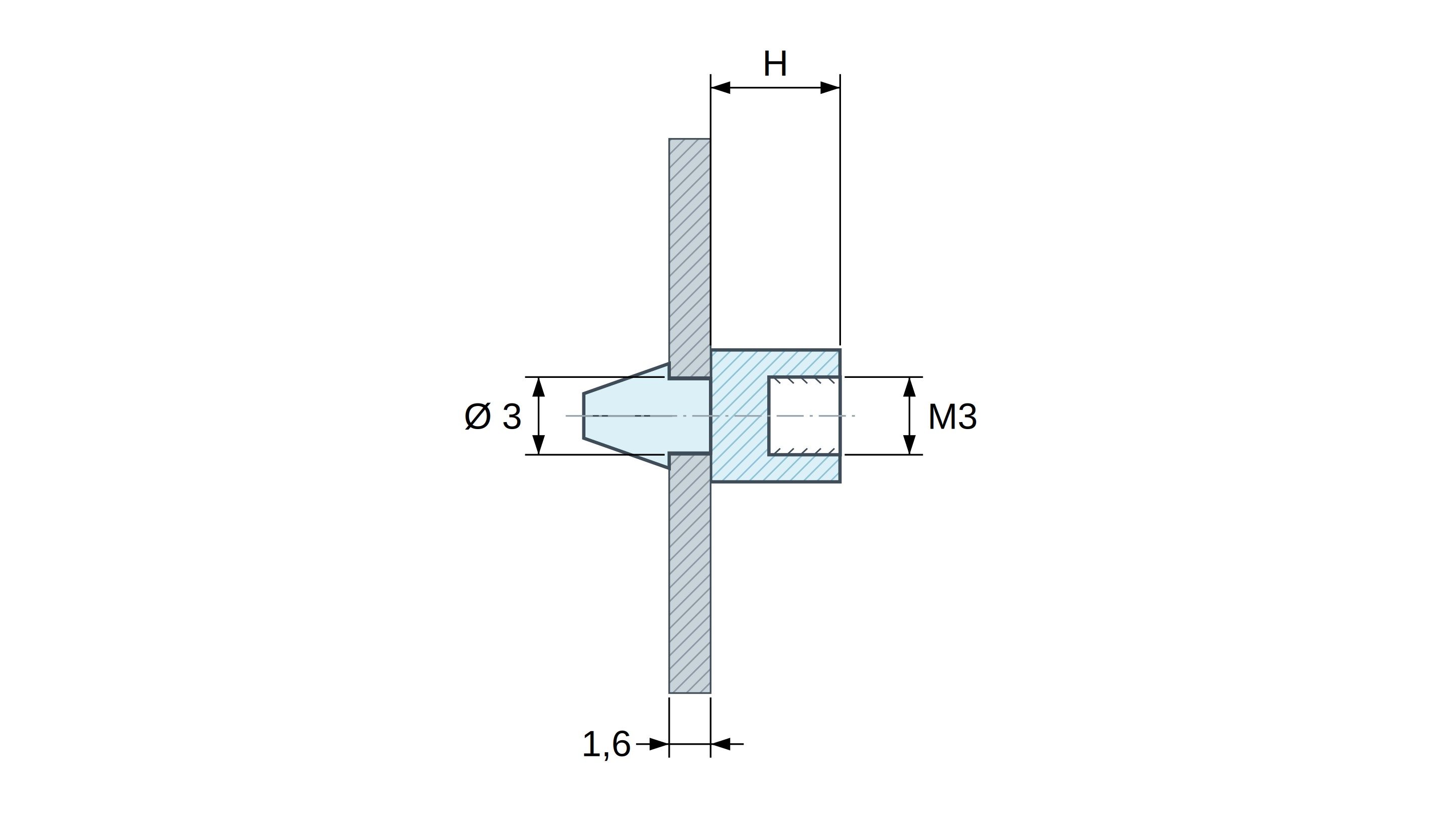 Soporte para circuito impreso a presión, con rosca interior M3, poliamida PA6.6 negra UL94-HB, orificio Ø3 mm, circuito 1,6 mm
