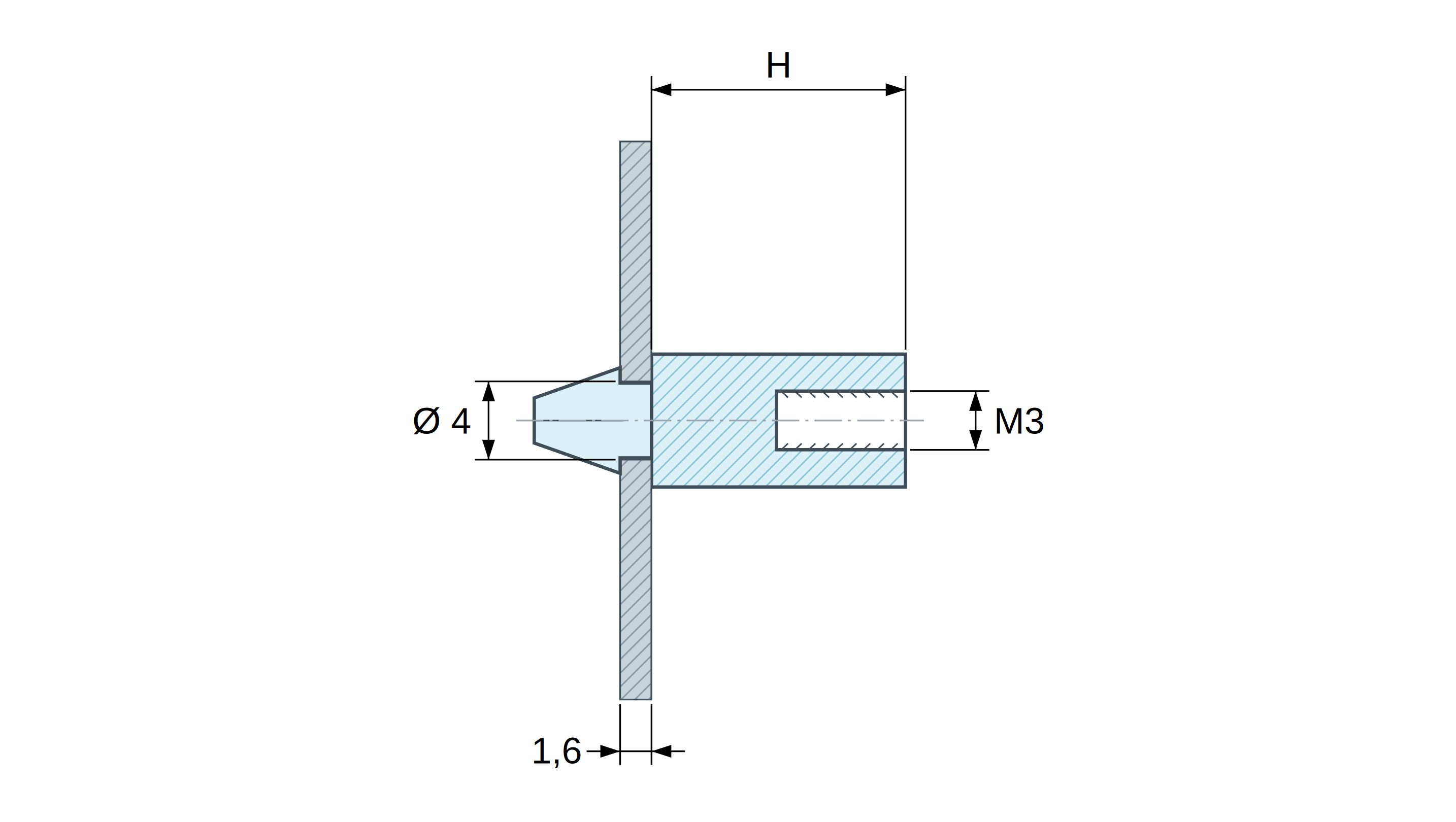 Plano acotado: Soporte PCB a presión, rosca interior M3, poliamida PA6.6 negra UL94-HB, taladro PCB Ø4 mm, PCB 1,6 mm