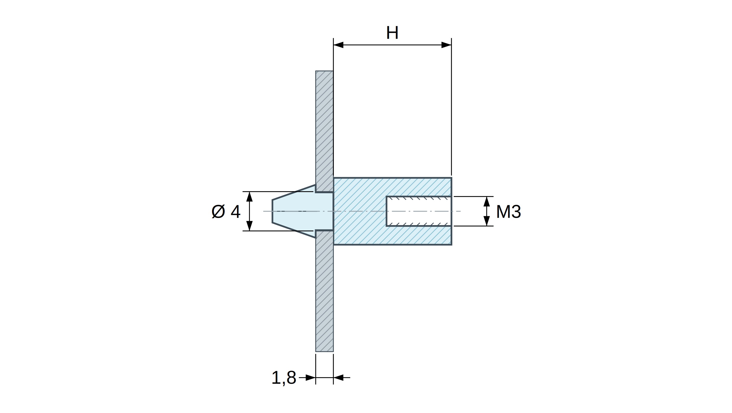 Soporte para circuito impreso a presión, con rosca interior M3, poliamida PA6.6 negra UL94-HB, orificio Ø4 mm, circuito 1,8 mm