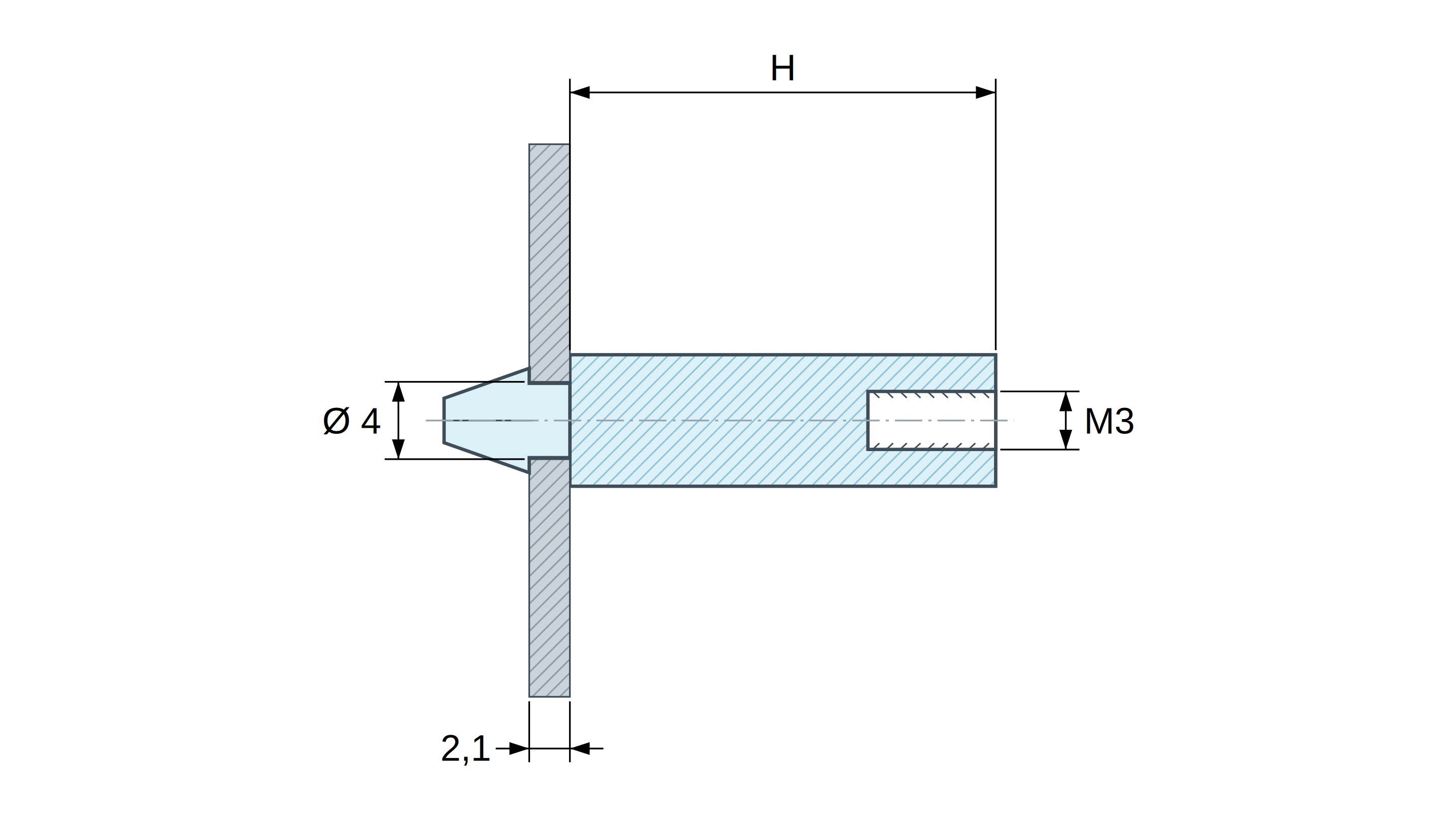 Soporte para circuito impreso a presión, con rosca interior M3, poliamida PA6.6 negra UL94-HB, orificio Ø4 mm, circuito 2,1 mm