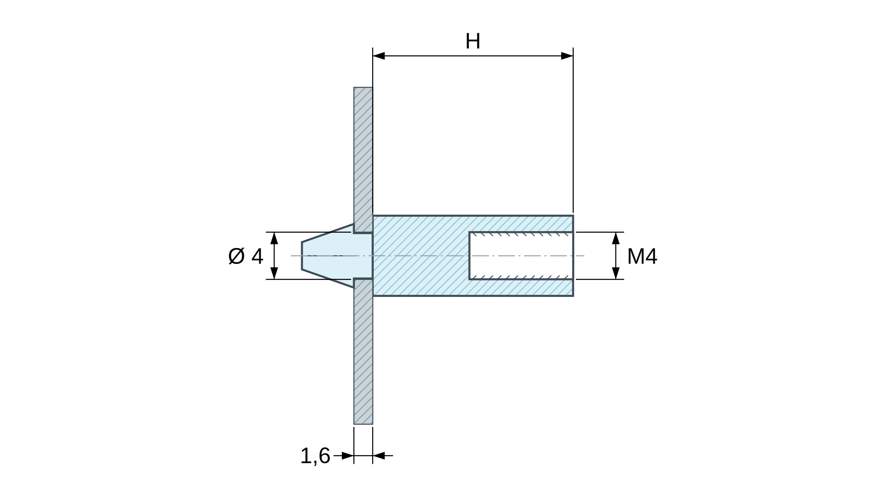 Plano acotado: Soporte PCB a presión, rosca interior M4, poliamida PA6.6 negra UL94-HB, taladro PCB Ø4 mm, PCB 1,6 mm
