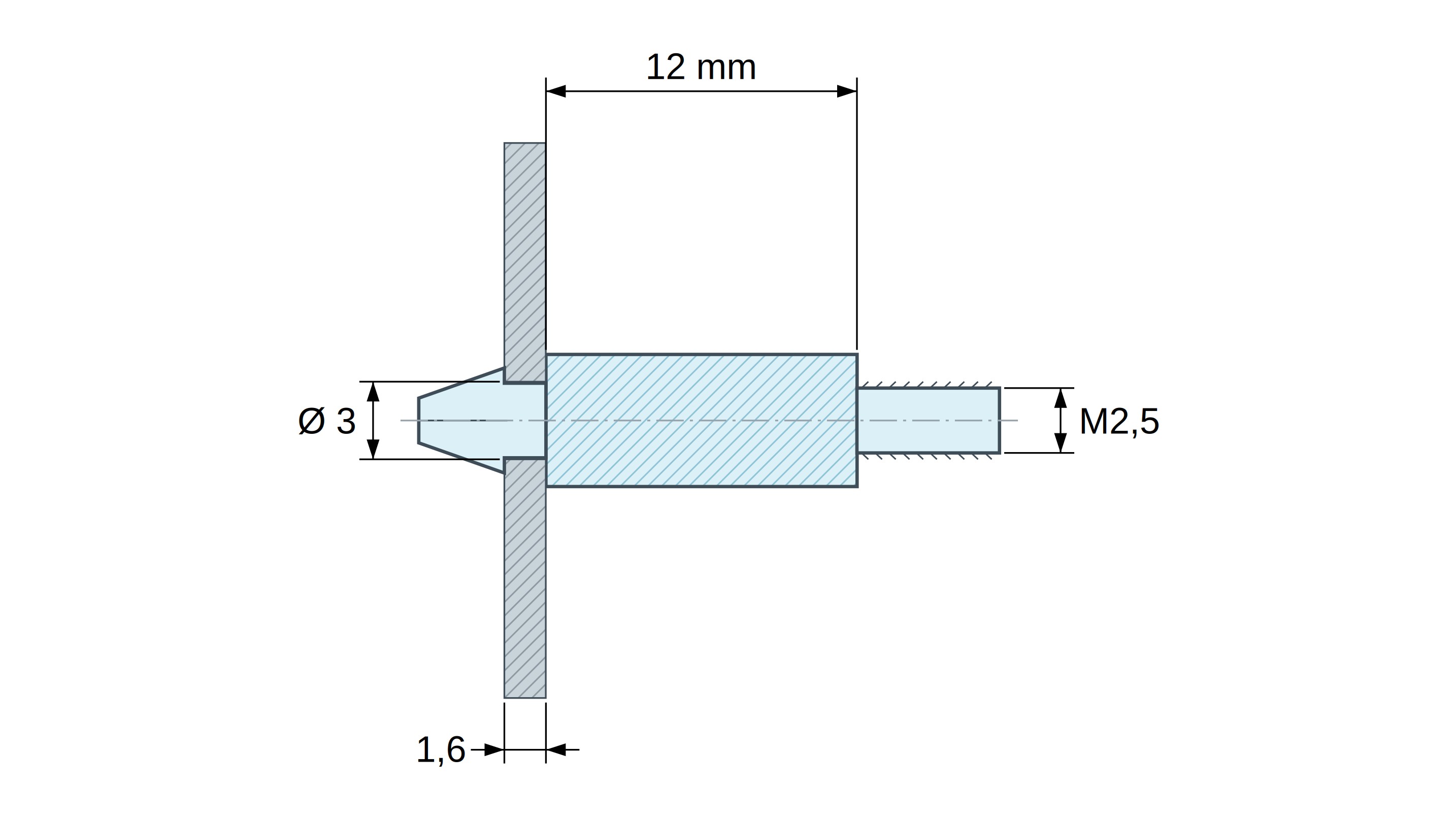 Soporte para circuito impreso a presión, roscado M2,5, poliamida PA6.6 negra UL94-HB, orificio Ø3 mm, circuito 1,6 mm