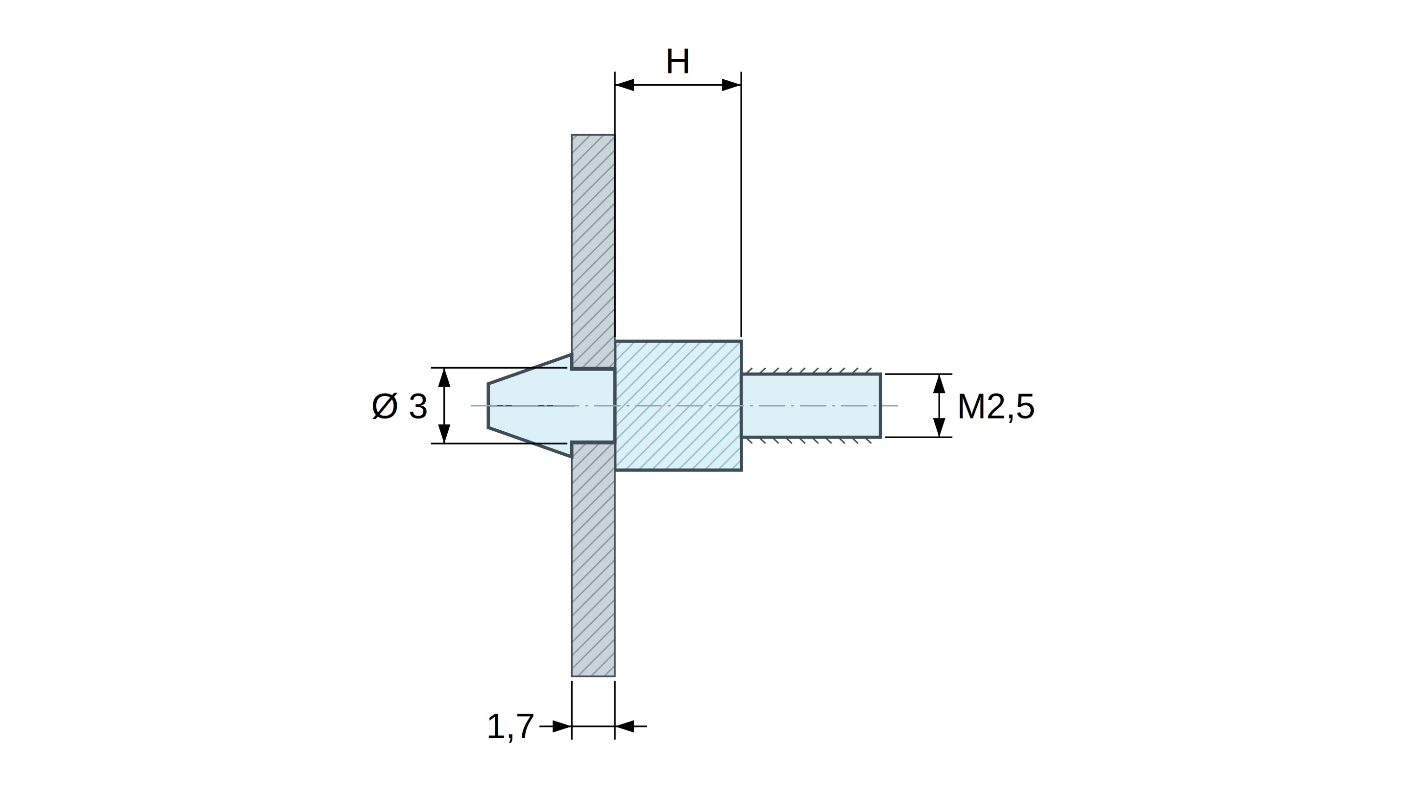 Soporte para circuito impreso a presión, roscado M2,5, poliamida PA6.6 negra UL94-HB, orificio Ø3 mm, circuito 1,7 mm