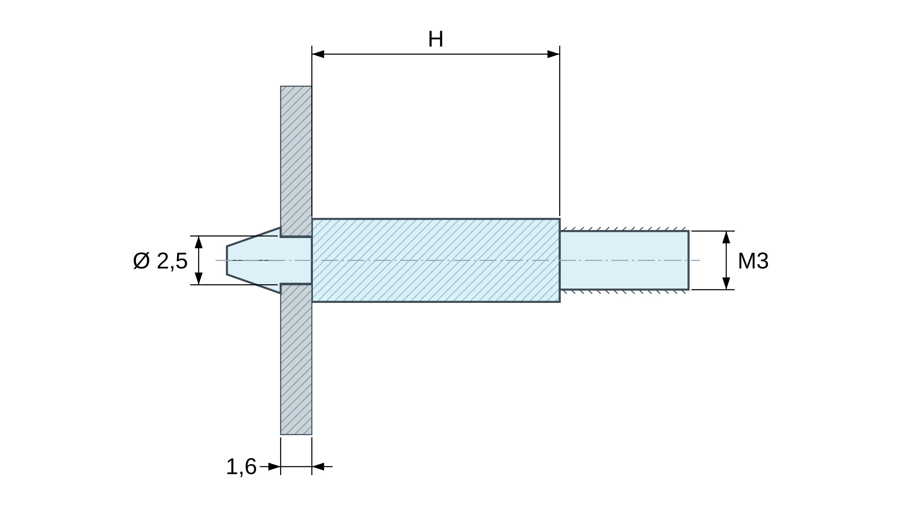 Soporte para circuito impreso a presión, roscado M3, poliamida PA6.6 natural UL94-V2, orificio Ø2,5 mm, circuito 1,6 mm