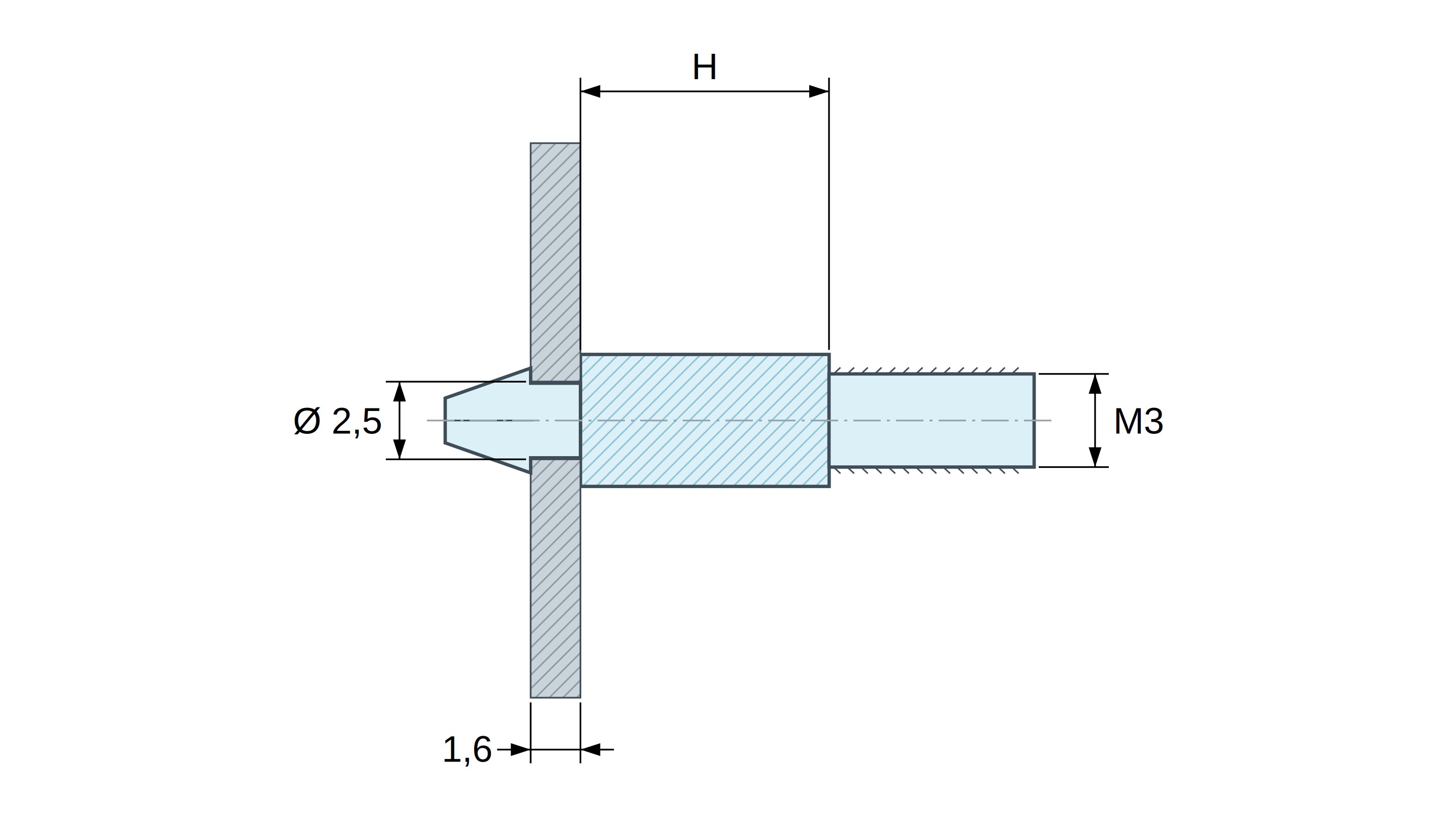 Soporte para circuito impreso a presión, roscado M3, poliamida PA6.6 negra UL94-HB, orificio Ø2,5 mm, circuito 1,6 mm