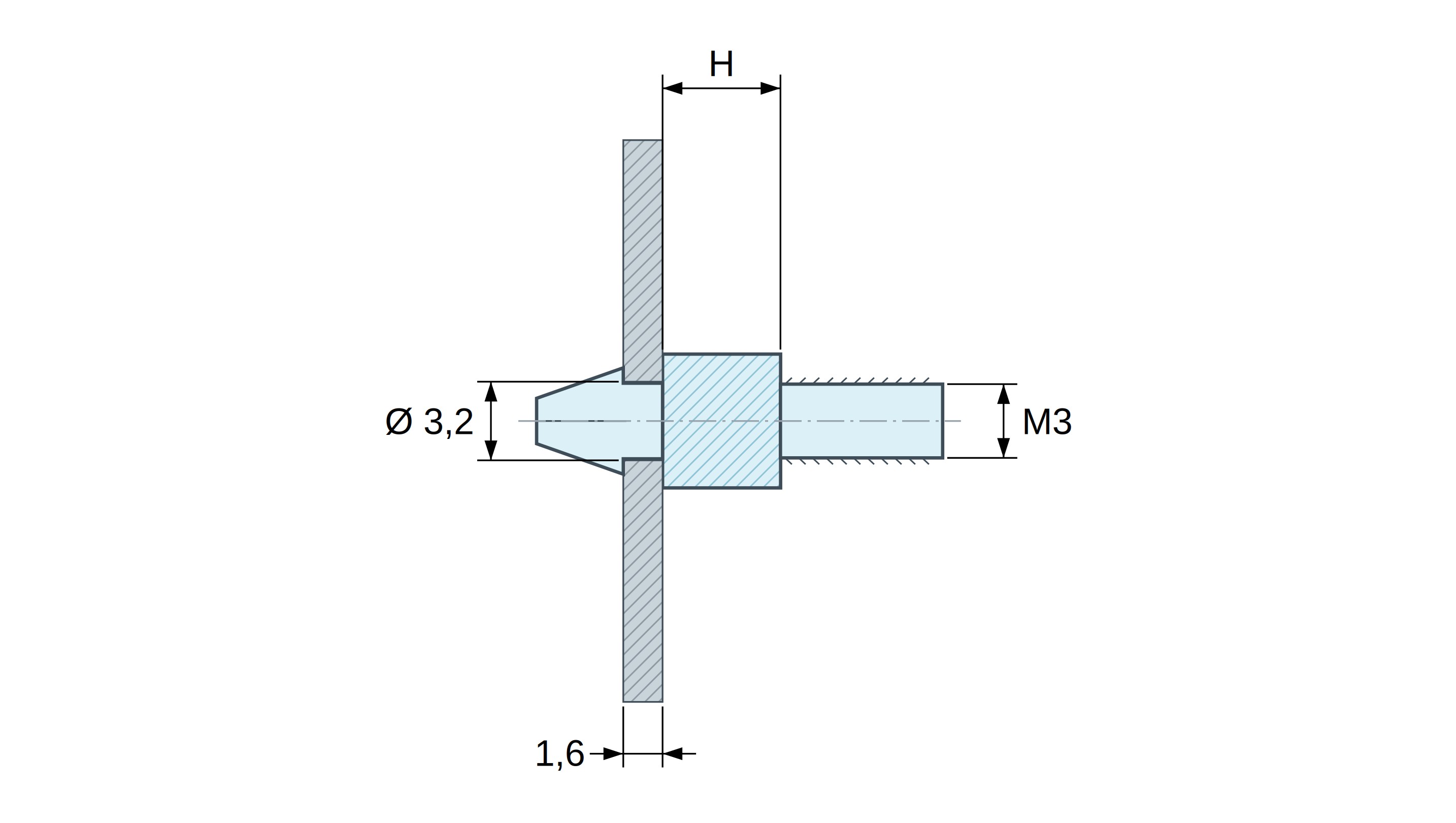 Soporte para circuito impreso a presión, roscado M3, poliamida PA6.6 natural UL94-V2, orificio Ø3,2 mm, circuito 1,6 mm