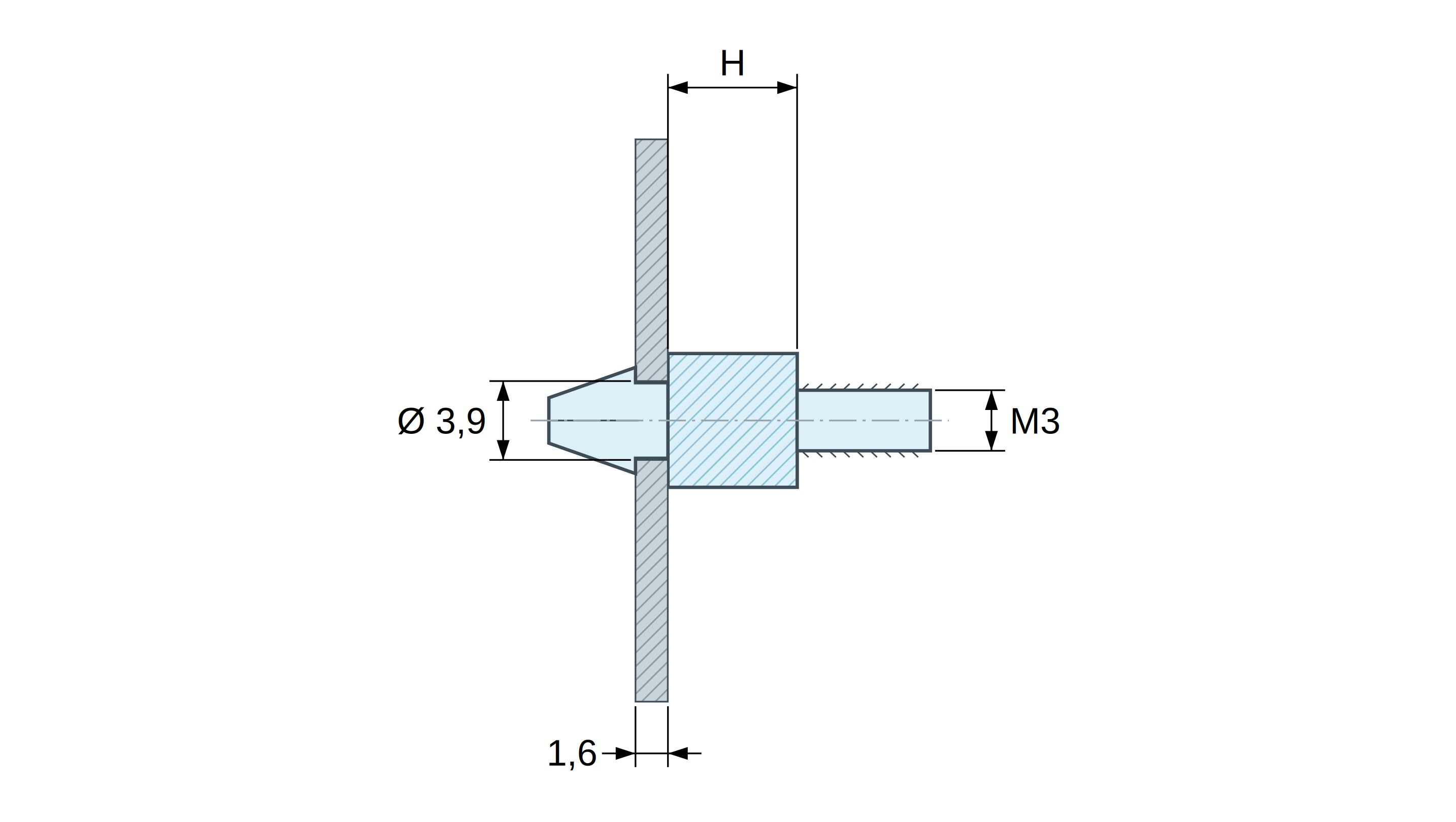 Soporte para circuito impreso a presión, roscado M3, poliamida PA6.6 natural UL94-V2, orificio Ø3,9 mm, circuito 1,6 mm