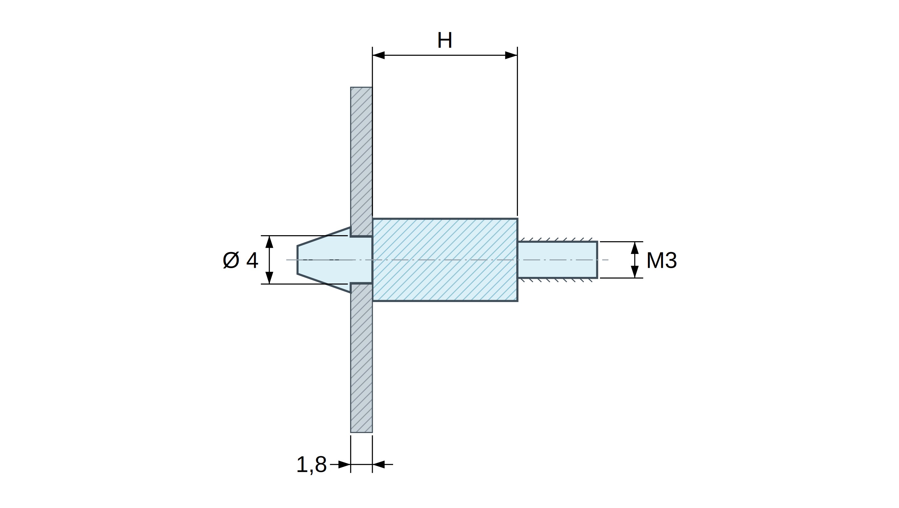 Soporte para circuito impreso a presión, roscado M3, poliamida PA6.6 negra UL94-HB, orificio Ø4 mm, circuito 1,8 mm
