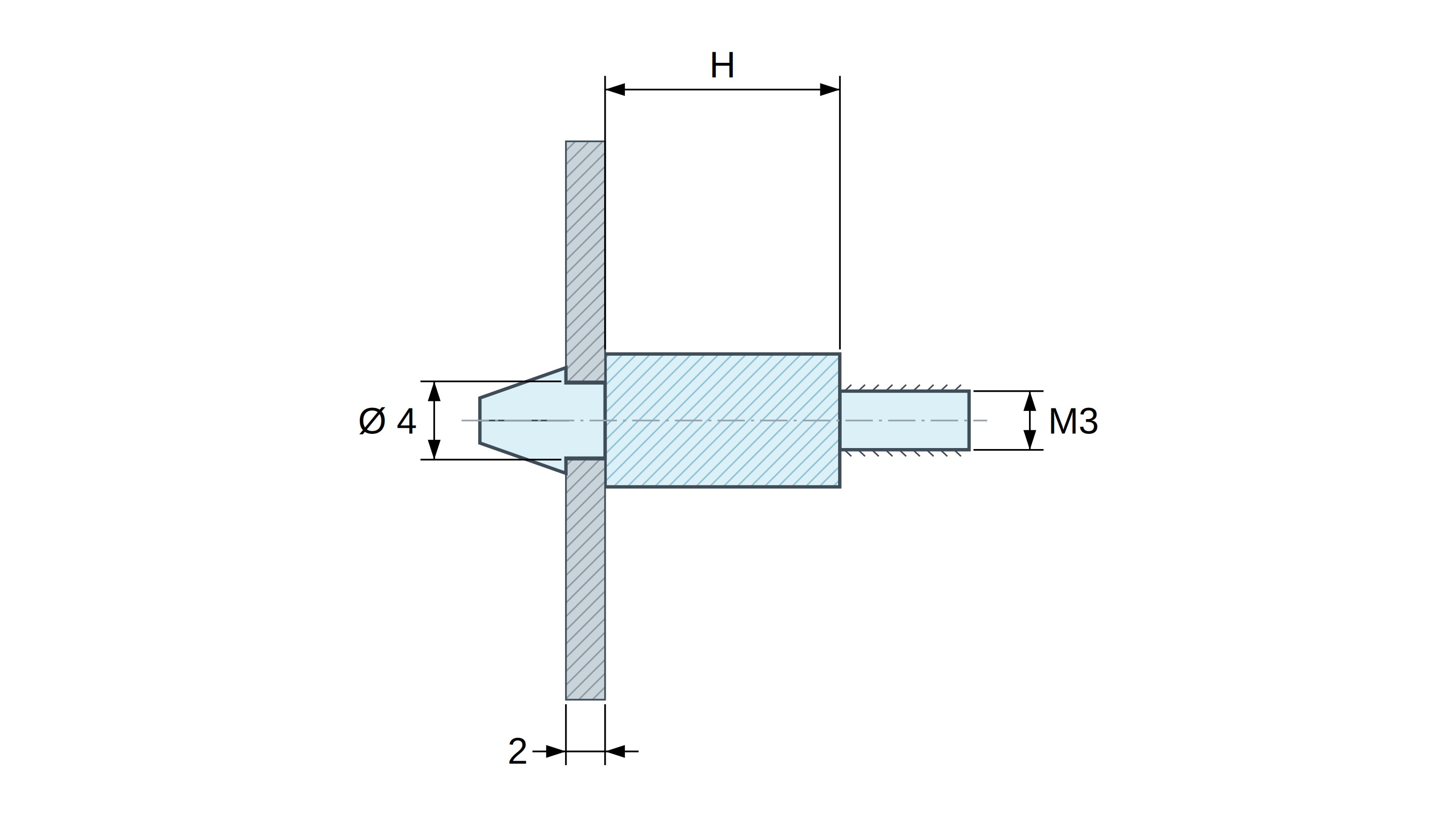 Soporte para circuito impreso a presión, roscado M3, poliamida PA6.6 negra UL94-HB, orificio Ø4 mm, circuito 2 mm