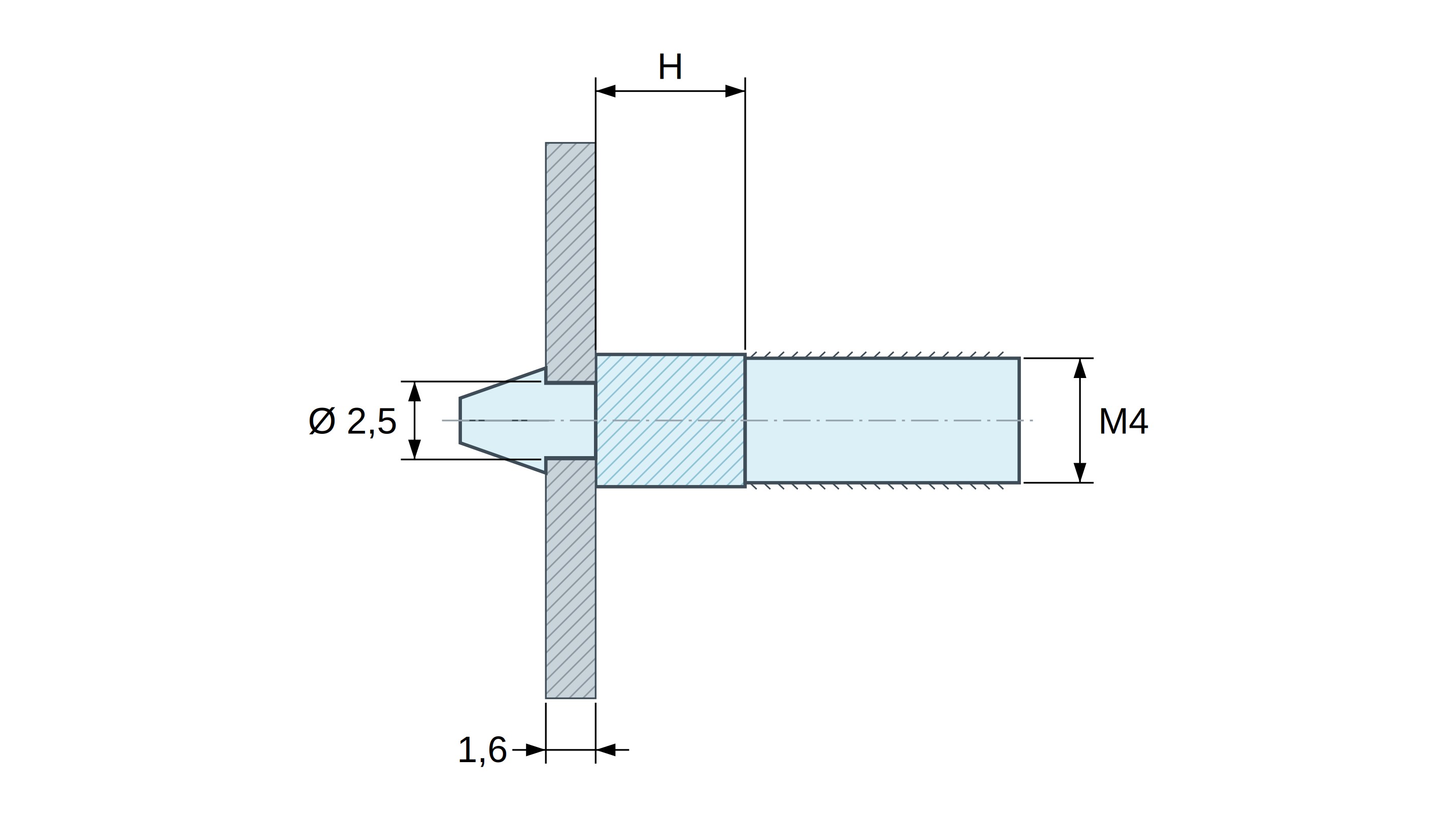 Soporte para circuito impreso a presión, roscado M4, poliamida PA6.6 natural UL94-V2, orificio Ø2,5 mm, circuito 1,6 mm