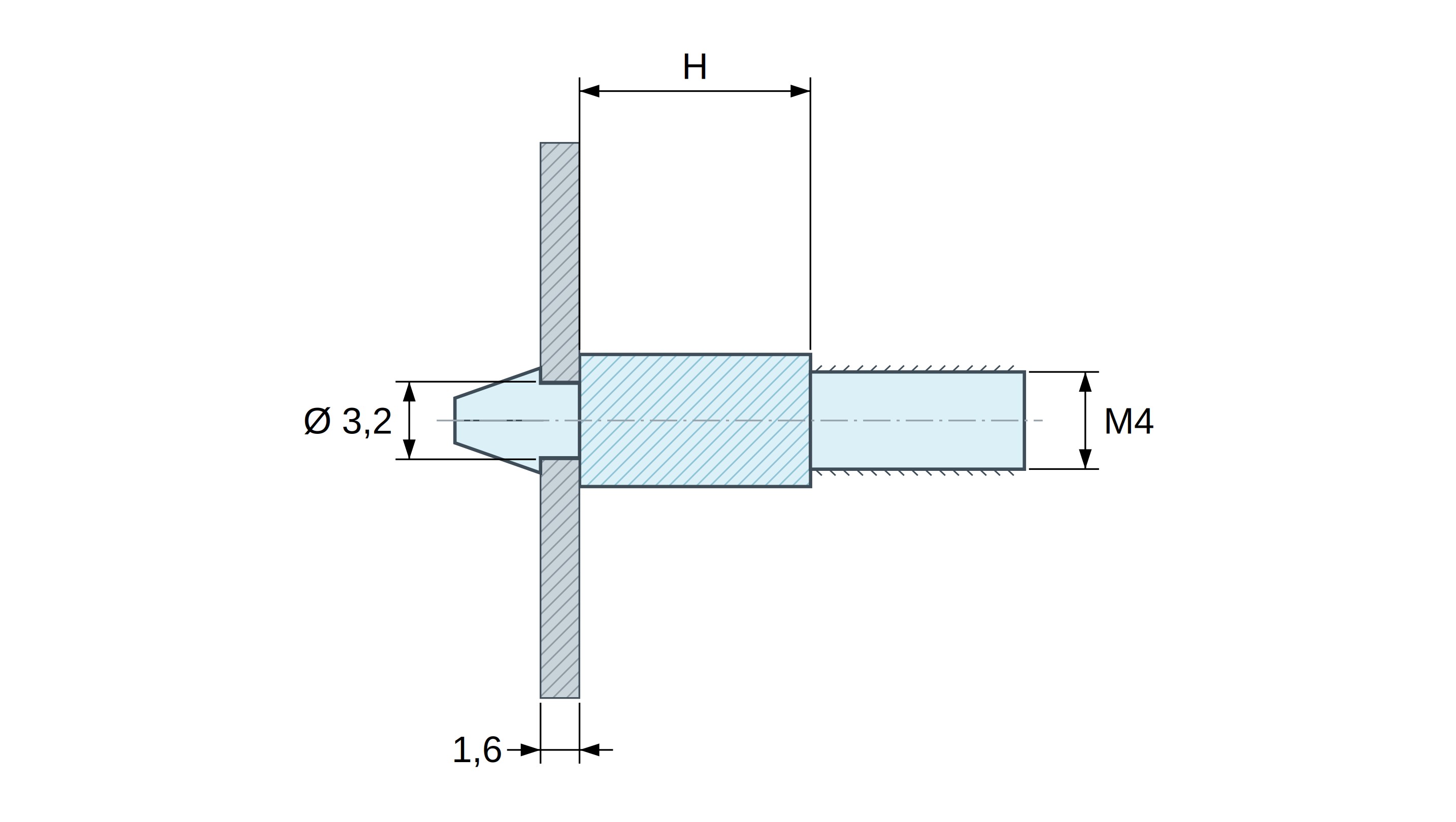 Soporte para circuito impreso a presión, roscado M4, poliamida PA6.6 natural UL94-V2, orificio Ø3,2 mm, circuito 1,6 mm