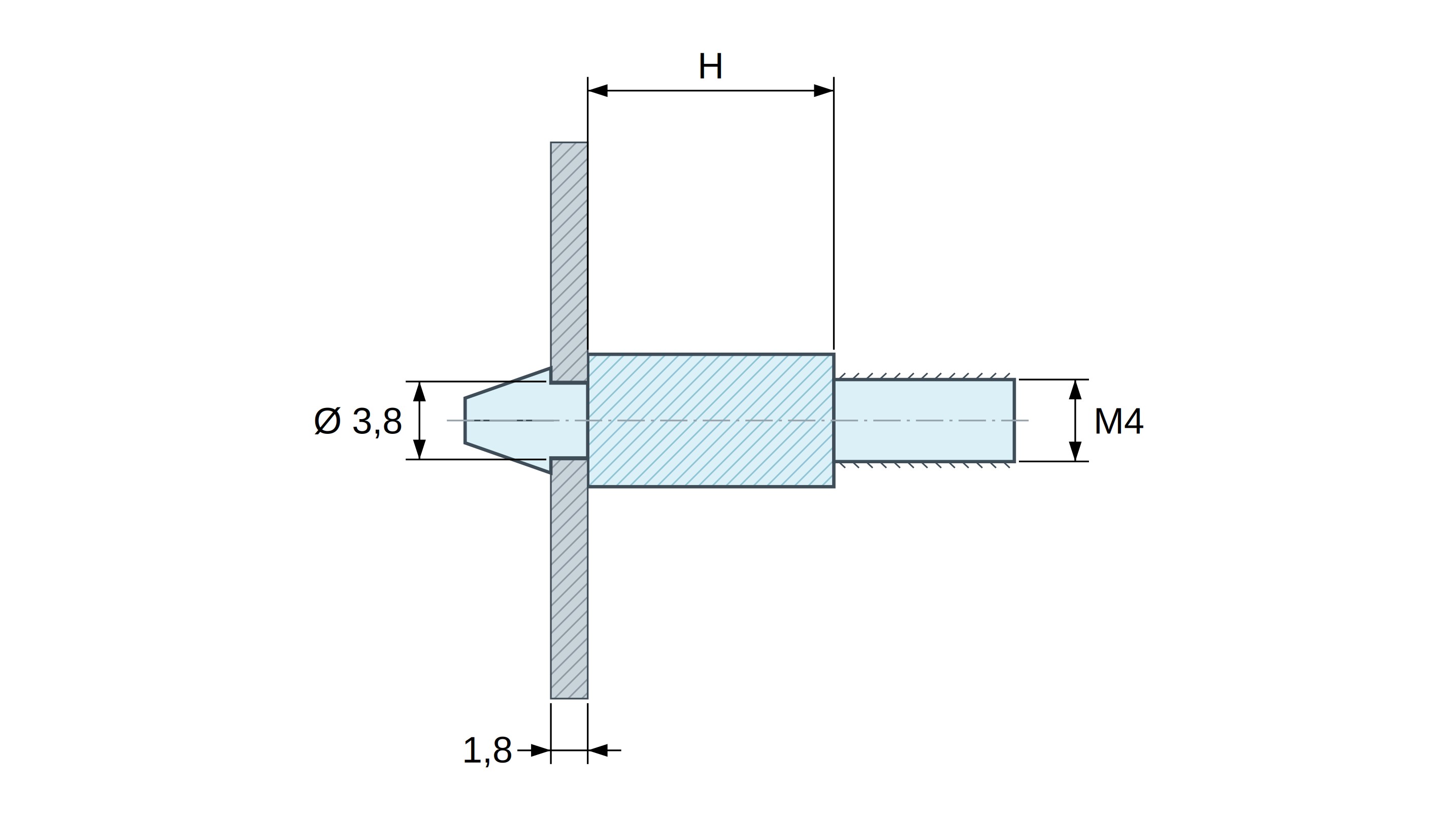 Soporte para circuito impreso a presión, roscado M4, poliamida PA6.6 negra UL94-HB, orificio Ø3,8 mm, circuito 1,8 mm