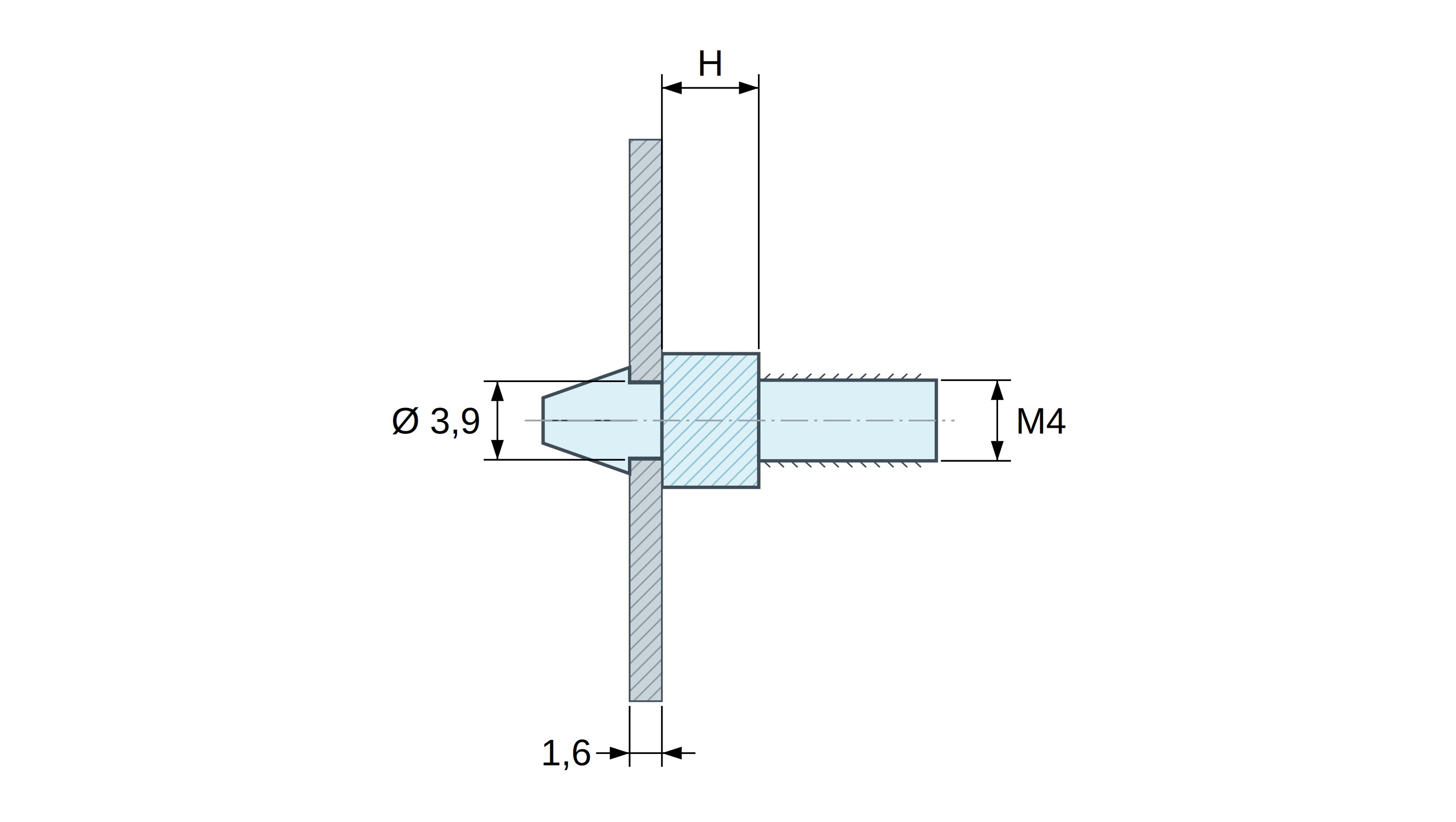Soporte para circuito impreso a presión, roscado M4, poliamida PA6.6 natural UL94-V2, orificio Ø3,9 mm, circuito 1,6 mm