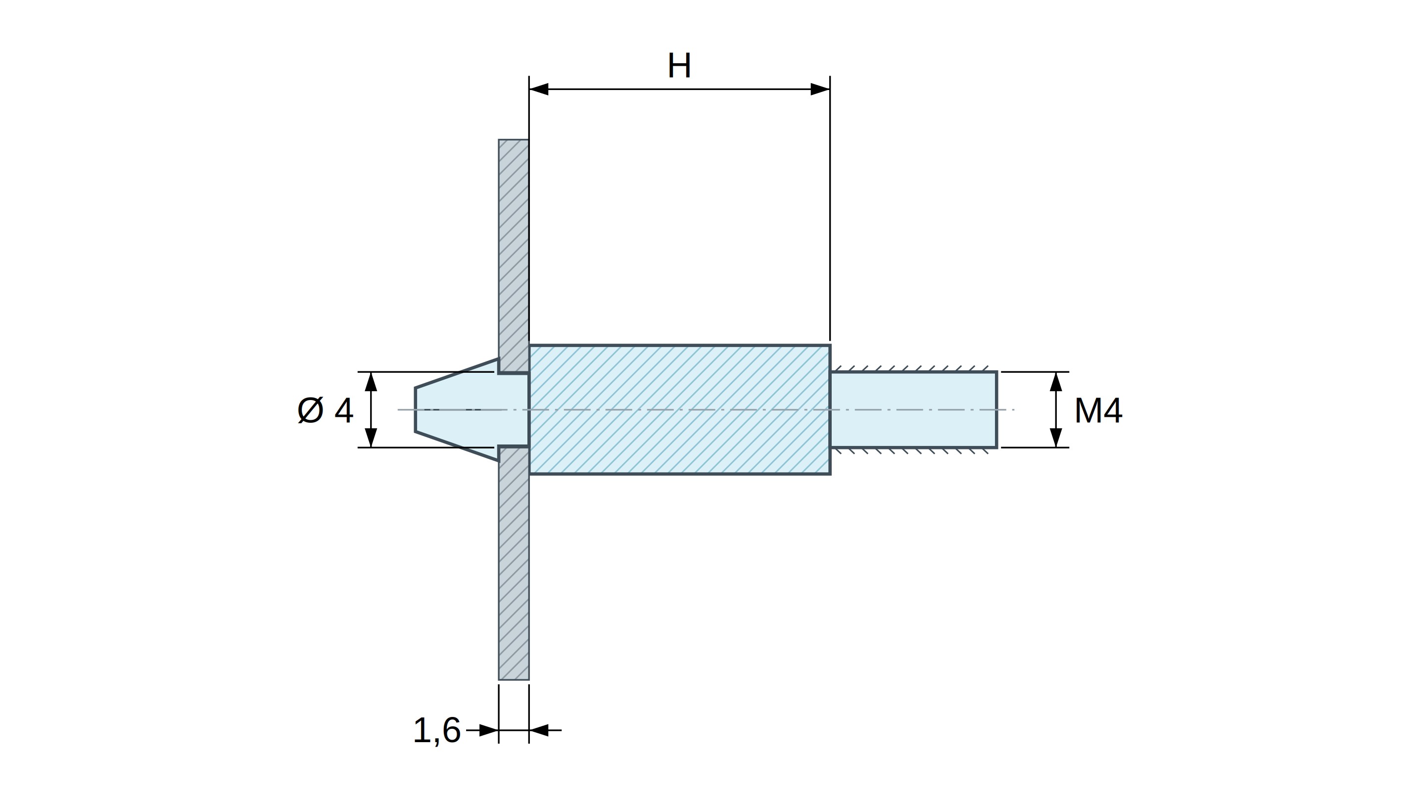 Plano acotado: Soporte PCB a presión, vástago roscado M4, poliamida PA6.6 natural UL94-V0, taladro PCB Ø4 mm, PCB 1,6 mm