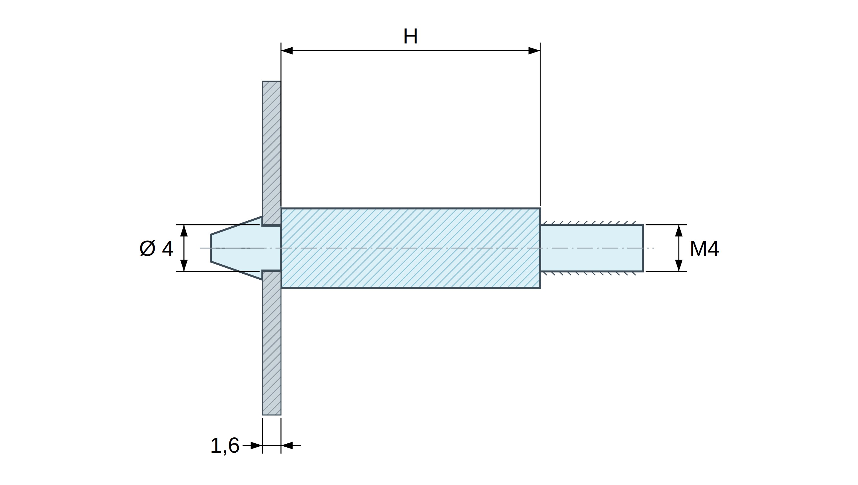 Soporte para circuito impreso a presión, roscado M4, poliamida PA6.6 natural UL94-V2, orificio Ø4 mm, circuito 1,6 mm