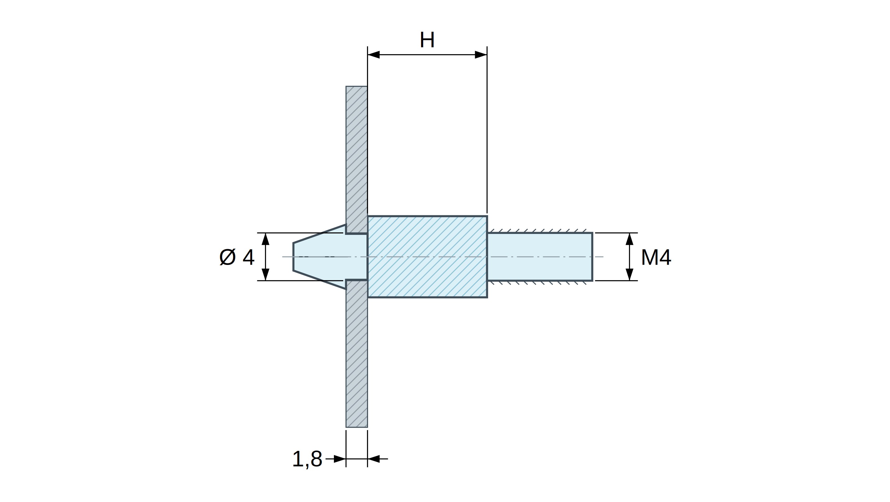 Soporte para circuito impreso a presión, roscado M4, poliamida PA6.6 negra UL94-HB, orificio Ø4 mm, circuito 1,8 mm