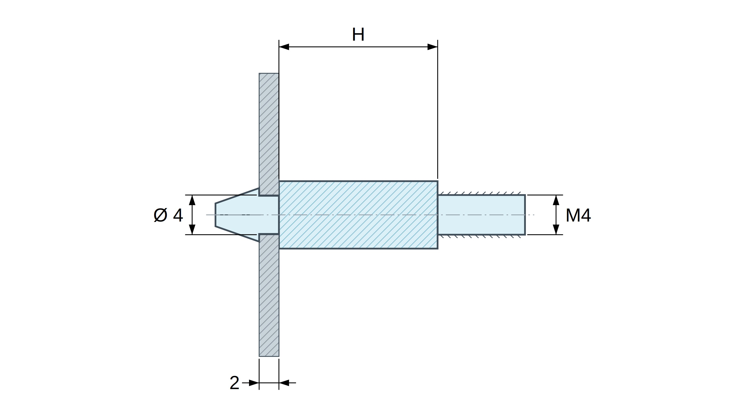 Soporte para circuito impreso a presión, roscado M4, poliamida PA6.6 negra UL94-HB, orificio Ø4 mm, circuito 2 mm