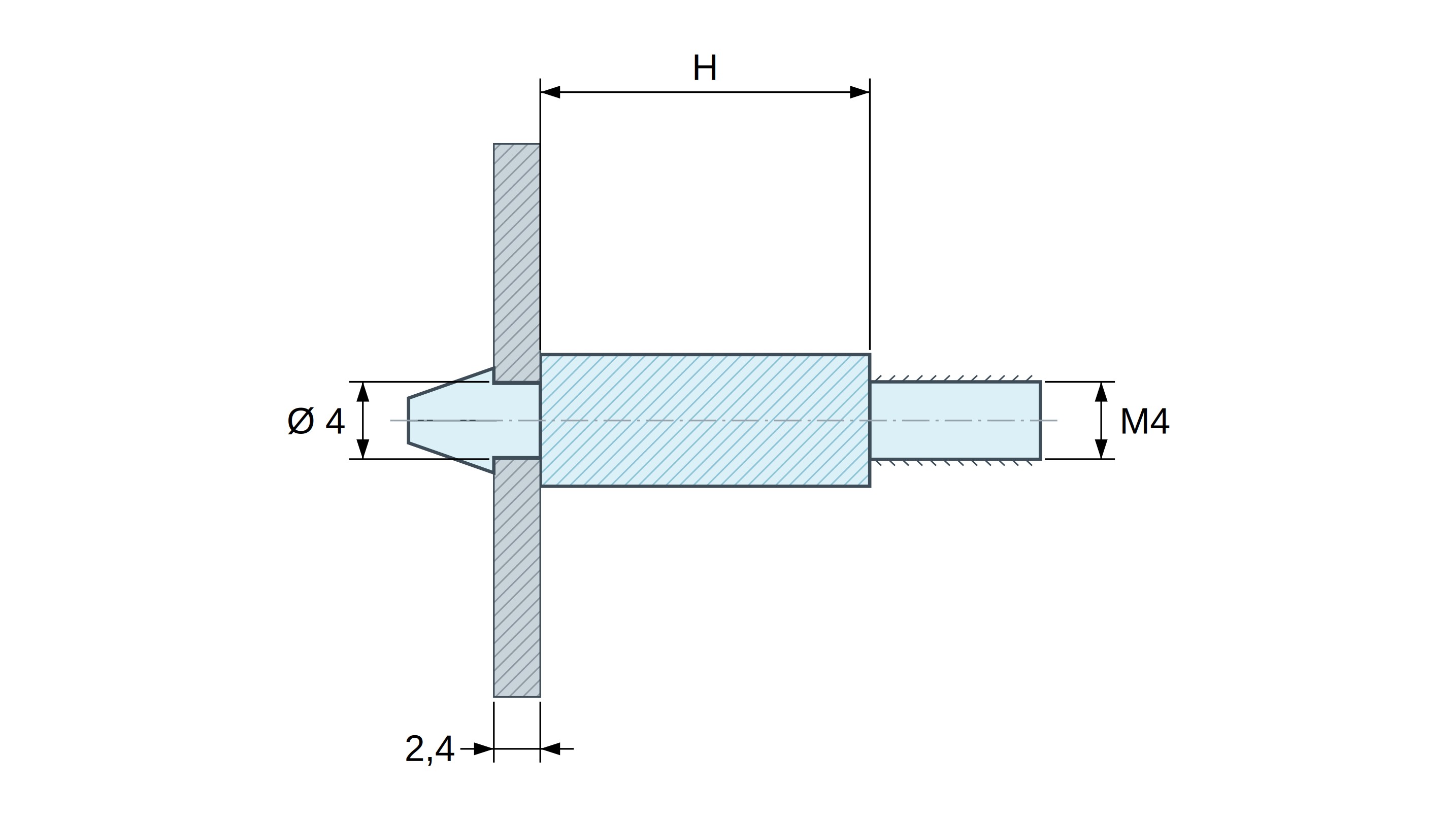 Soporte para circuito impreso a presión, roscado M4, poliamida PA6.6 negra UL94-HB, orificio Ø4 mm, circuito 2,4 mm
