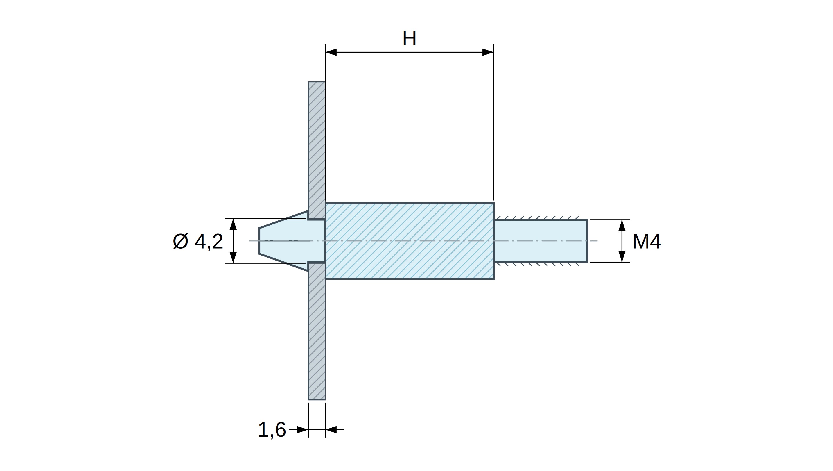 Soporte para circuito impreso a presión, roscado M4, poliamida PA6.6 natural UL94-V2, orificio Ø4,2 mm, circuito 1,6 mm