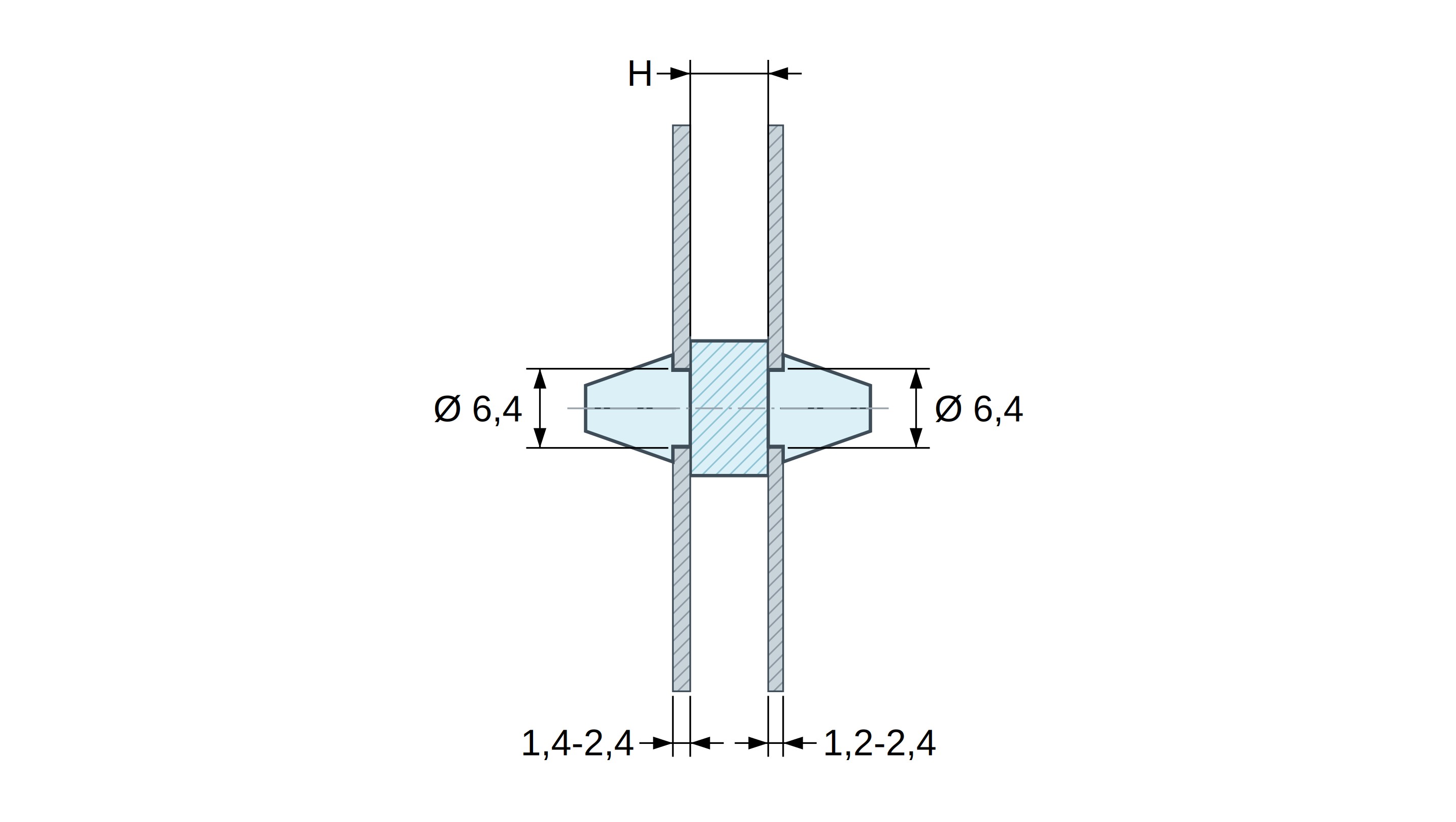 Plano acotado de Soporte PCB a presión por ambos lados, Policarbonato PC, negro, UL94-V2, PCB Ø6,4/1,4-2,4 mm / CH Ø6,4/1,2-2,4 mm Plano acotado de Soporte PCB a presión por ambos lados, Policarbonato PC, negro, UL94-V2, PCB Ø6,4/1,4-2,4 mm / CH Ø6,4/1,2-2,4 mm